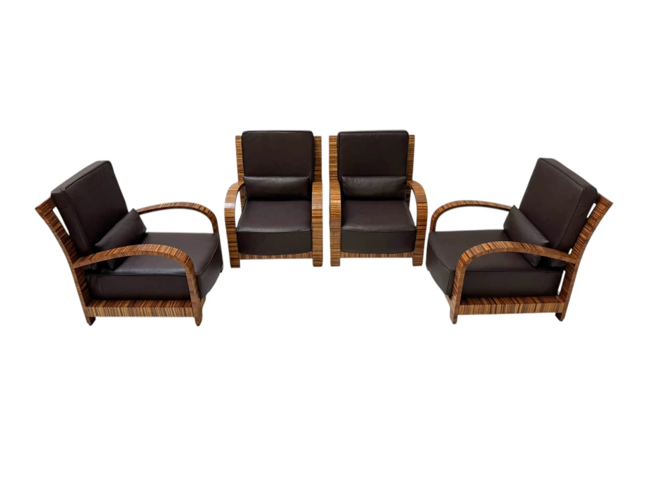Four Art Deco Lounge Chairs with Leather Cushions France, 1930s